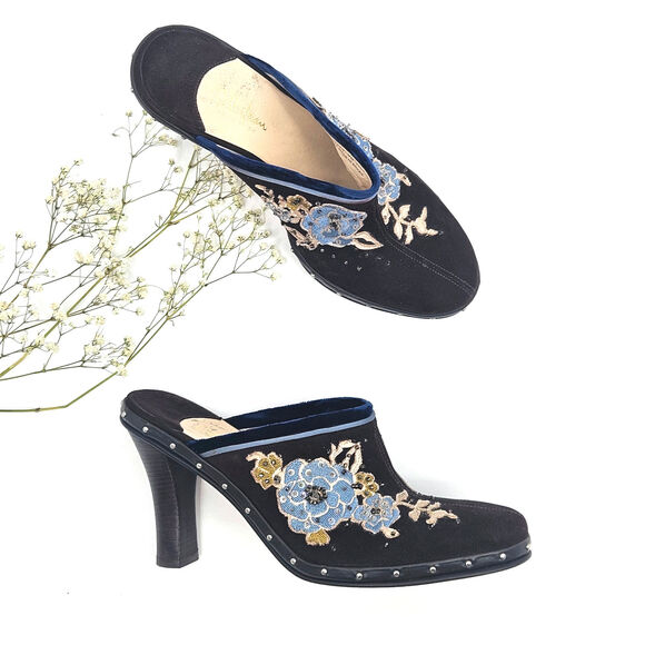 Cole Haan Kyrene Brown Suede Floral Embroidered Y2K Platform Mule Clogs - Size 9 - Picture 1 of 9
